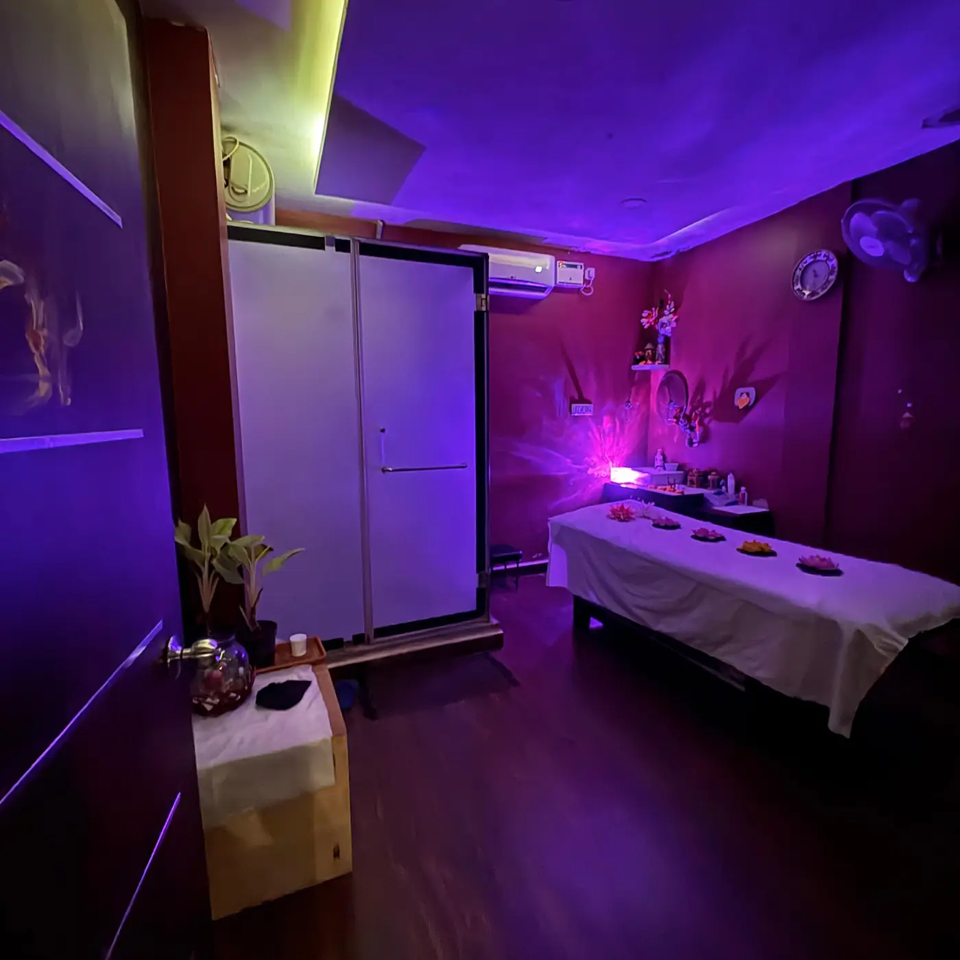 Treatment room at Ocean Leaf Premium Spa showing the massage bed and shower cubicle